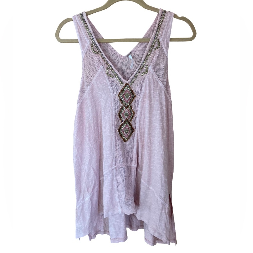 Free People Focus on Center 100% cotton pink beaded sleeveless embroidered tank